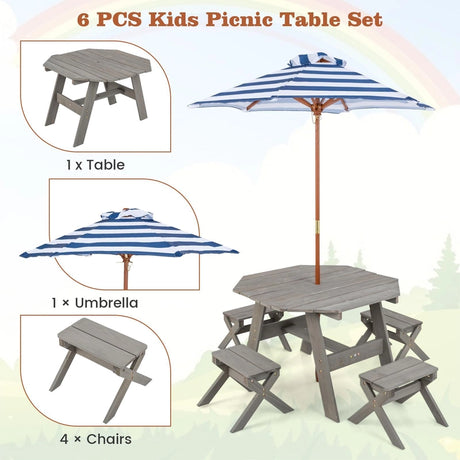 Kids Picnic Table with 4 Chairs and Adjustable Umbrella for Patio Garden Backyard-Grey