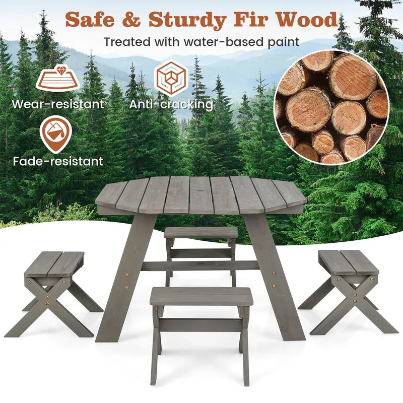 Kids Picnic Table with 4 Chairs and Adjustable Umbrella for Patio Garden Backyard-Grey