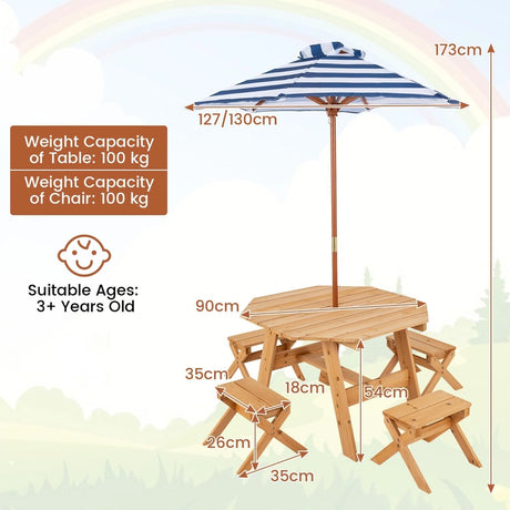 Kids Picnic Table with 4 Chairs and Adjustable Umbrella for Patio Garden Backyard-Natural