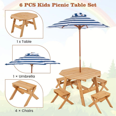 Kids Picnic Table with 4 Chairs and Adjustable Umbrella for Patio Garden Backyard-Natural