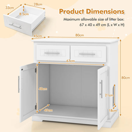 Cat Enclosure Washroom Side Cabinet Wooden Pet House with 2 Drawers-White