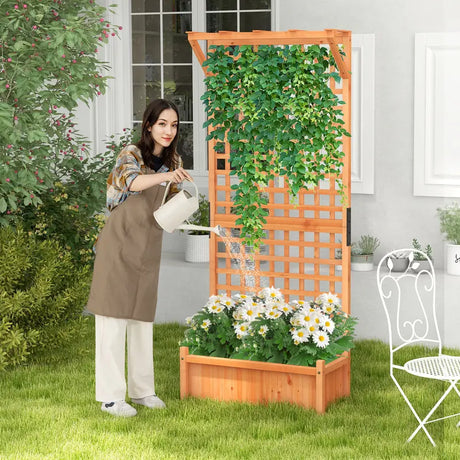 Wooden Planter Container Raised Garden Bed with Arch Trellis-Orange