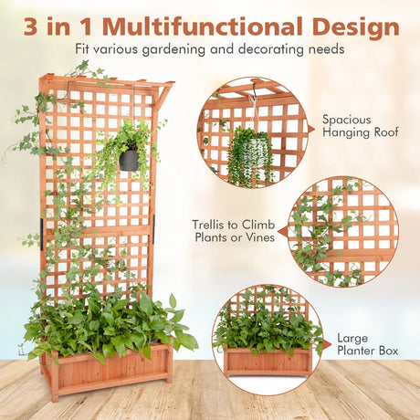 Wooden Planter Container Raised Garden Bed with Arch Trellis-Orange