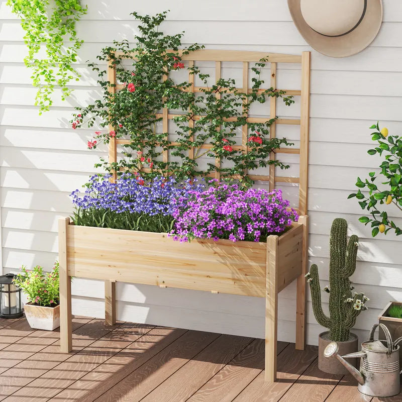 Raised Garden Bed with Lattice Trellis and Drainage Holes Elevated-Natural