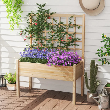 Raised Garden Bed with Lattice Trellis and Drainage Holes Elevated-Natural