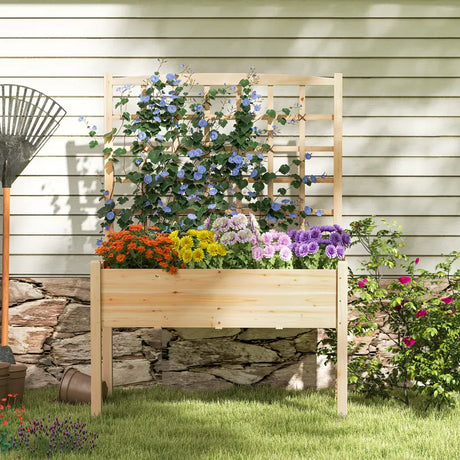 Raised Garden Bed with Lattice Trellis and Drainage Holes Elevated-Natural