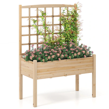 Raised Garden Bed with Lattice Trellis and Drainage Holes Elevated-Natural