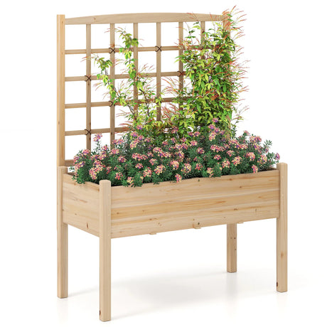 Raised Garden Bed with Lattice Trellis and Drainage Holes Elevated-Natural