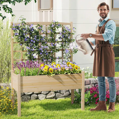 Raised Garden Bed with Lattice Trellis and Drainage Holes Elevated-Natural