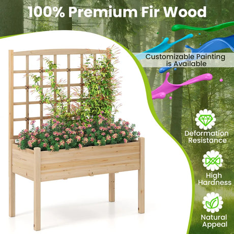Raised Garden Bed with Lattice Trellis and Drainage Holes Elevated-Natural