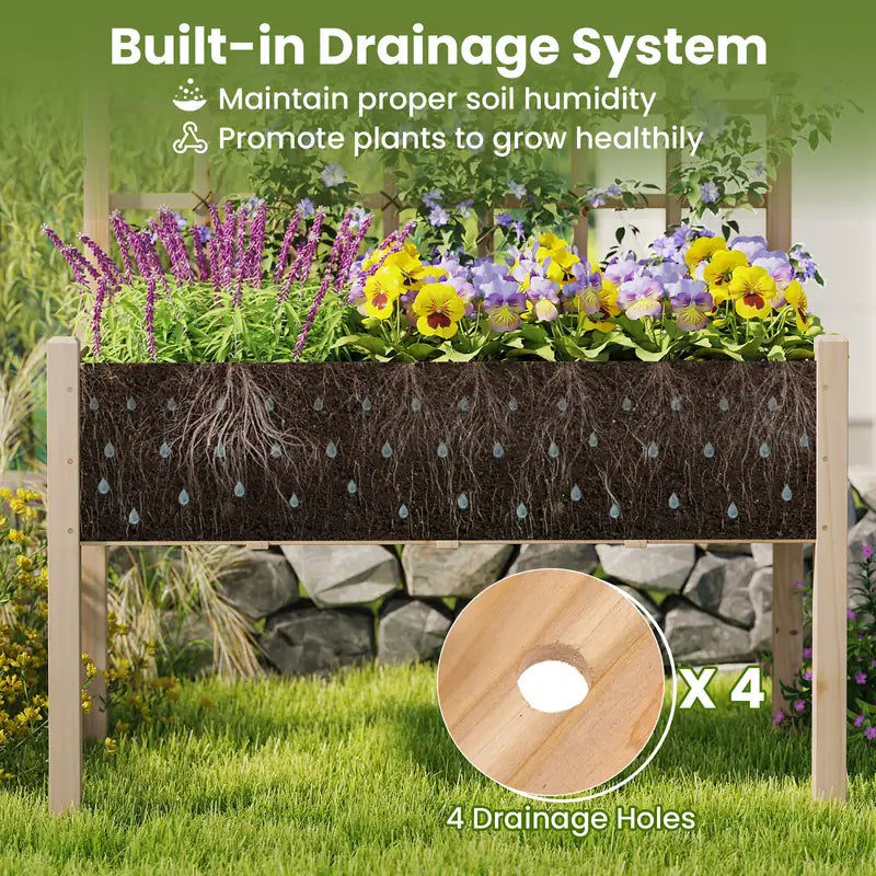 Raised Garden Bed with Lattice Trellis and Drainage Holes Elevated-Natural