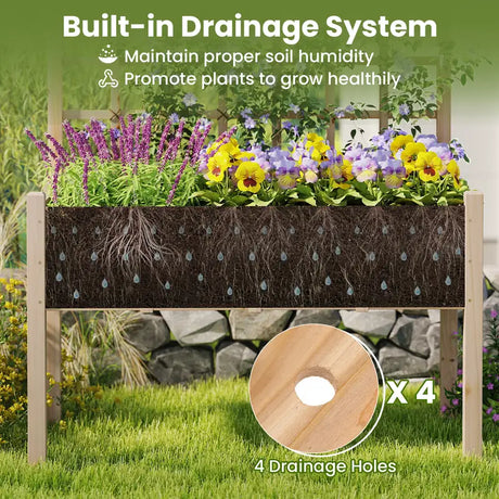 Raised Garden Bed with Lattice Trellis and Drainage Holes Elevated-Natural