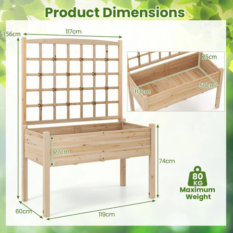 Raised Garden Bed with Lattice Trellis and Drainage Holes Elevated-Natural