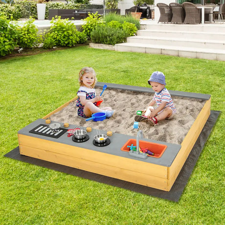 Kids Wooden Sandbox with Kitchen Playset and Bottom Liner