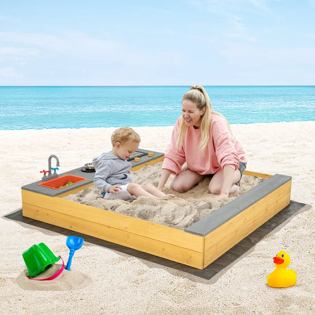 Kids Wooden Sandbox with Kitchen Playset and Bottom Liner