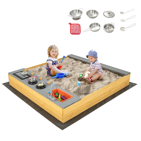 Kids Wooden Sandbox with Kitchen Playset and Bottom Liner