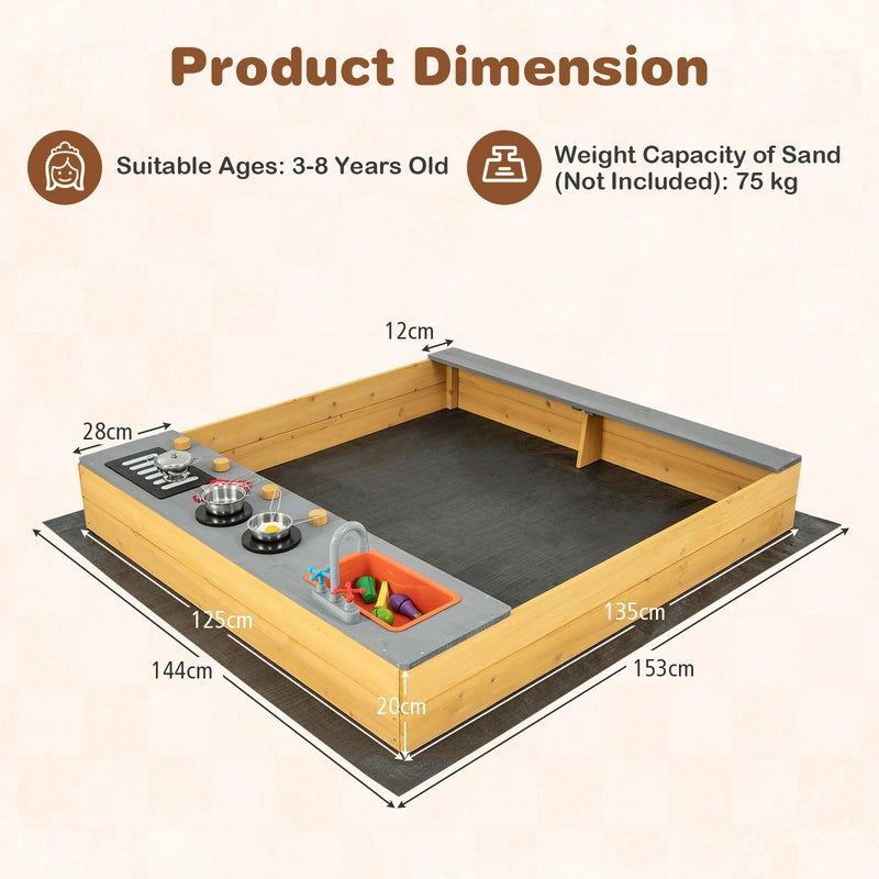 Kids Wooden Sandbox with Kitchen Playset and Bottom Liner