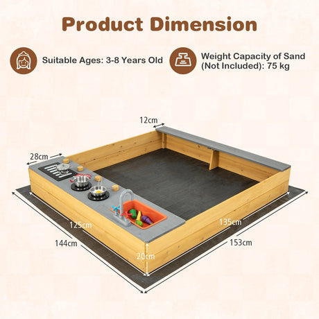 Kids Wooden Sandbox with Kitchen Playset and Bottom Liner