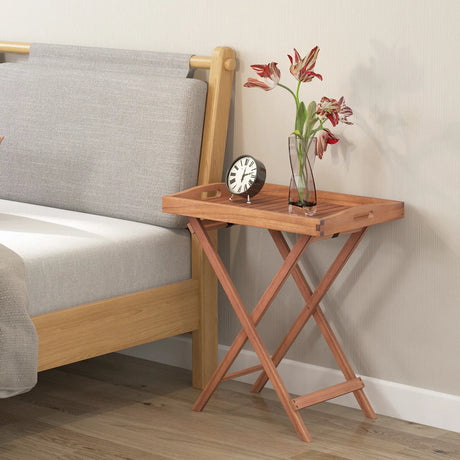 Wooden Side Table with Slatted Tabletop and Sturdy X-shaped Frame-C