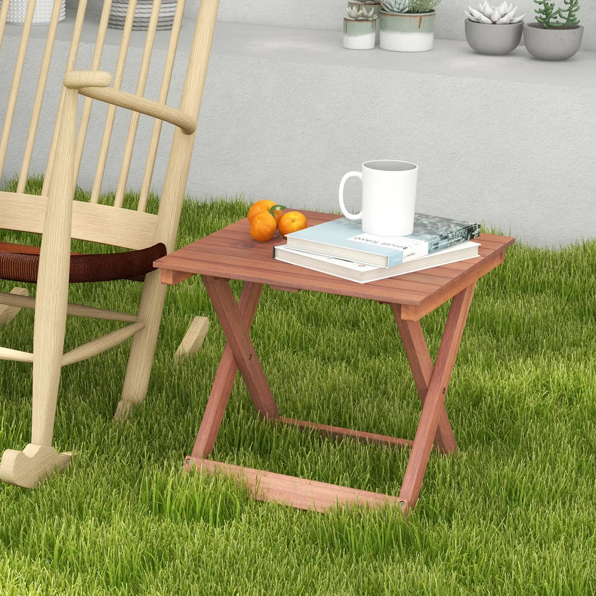 Wooden Side Table with Slatted Tabletop and Sturdy X-shaped Frame-A