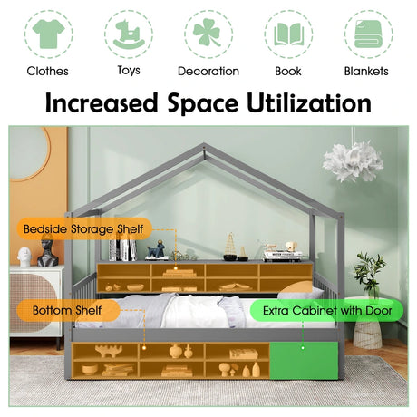 Wooden Single Size House Bed with Roof and 14 Storage Cubes-Grey