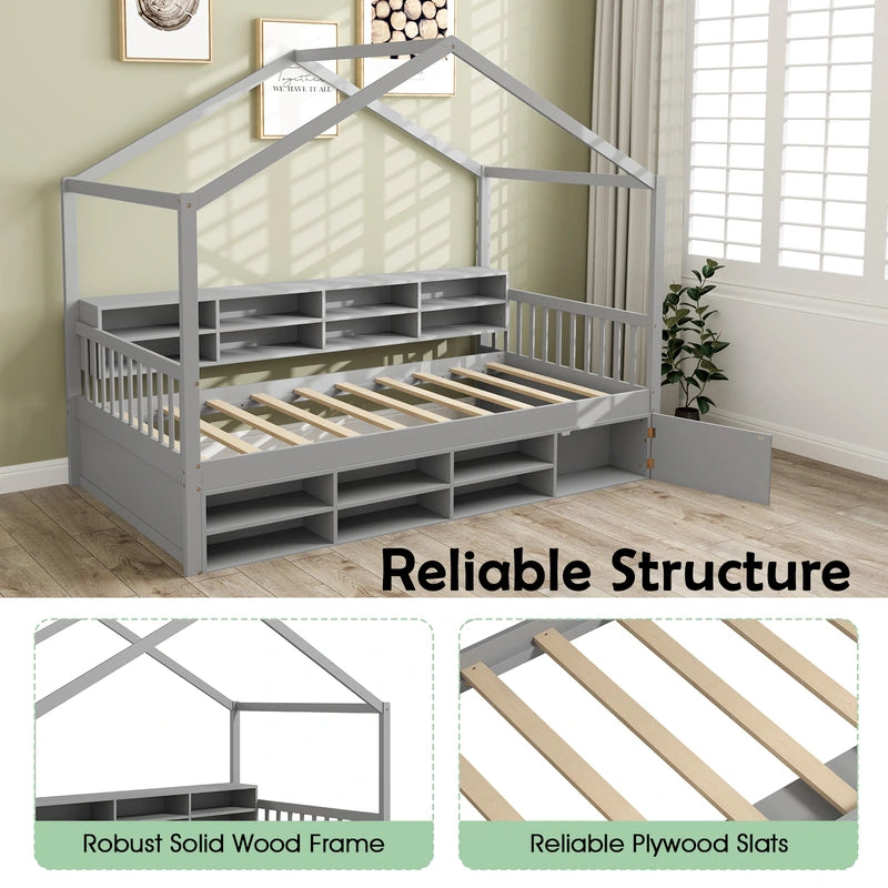 Wooden Single Size House Bed with Roof and 14 Storage Cubes-Grey