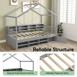 Wooden Single Size House Bed with Roof and 14 Storage Cubes-Grey