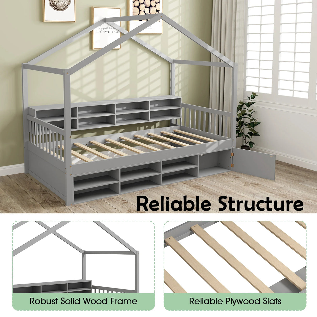 Wooden Single Size House Bed with Roof and 14 Storage Cubes-Grey