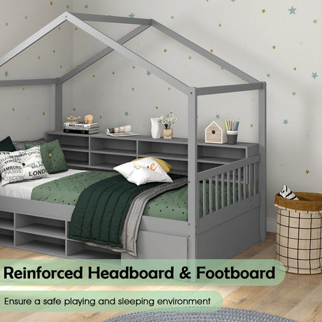 Wooden Single Size House Bed with Roof and 14 Storage Cubes-Grey