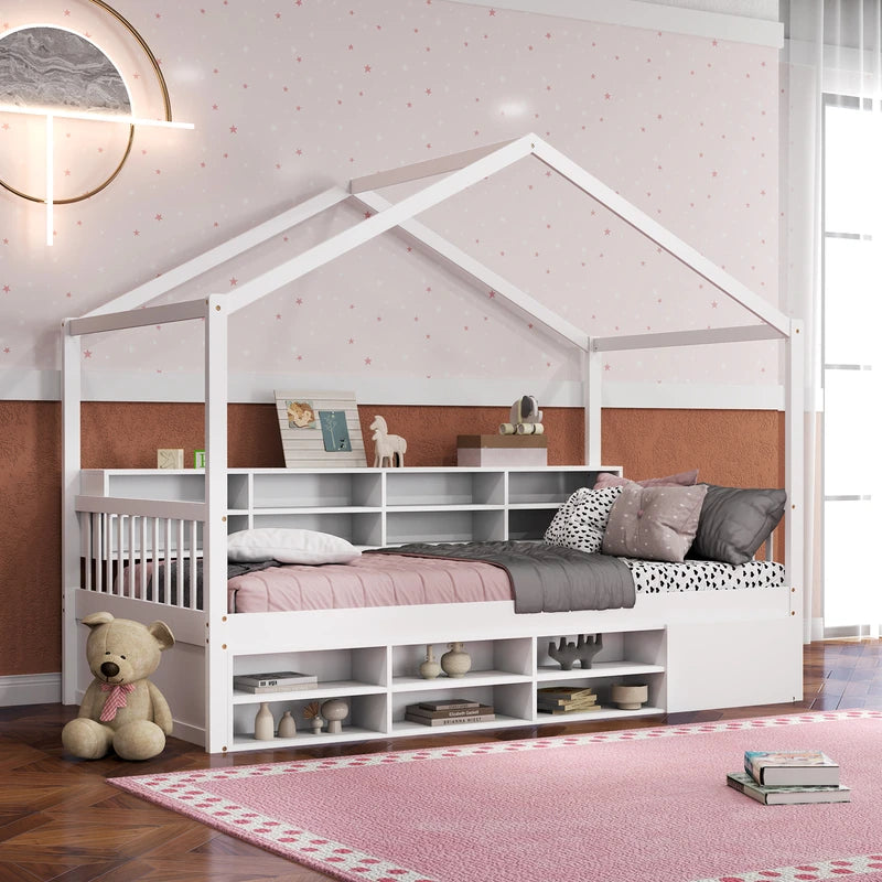 Wooden Single Size House Bed with Roof and 14 Storage Cubes-White