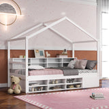 Wooden Single Size House Bed with Roof and 14 Storage Cubes-White