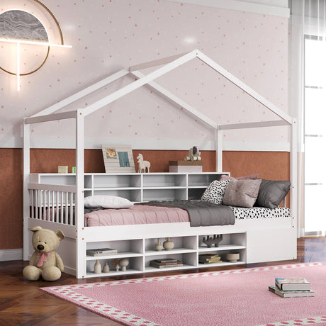 Wooden Single Size House Bed with Roof and 14 Storage Cubes-White