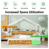 Wooden Single Size House Bed with Roof and 14 Storage Cubes-White