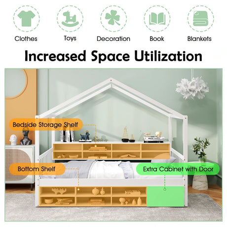 Wooden Single Size House Bed with Roof and 14 Storage Cubes-White