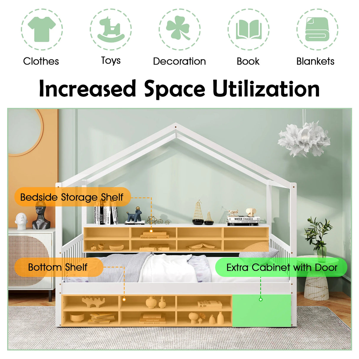 Wooden Single Size House Bed with Roof and 14 Storage Cubes-White