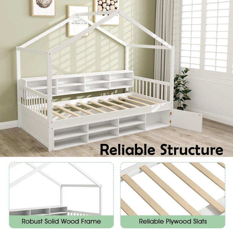 Wooden Single Size House Bed with Roof and 14 Storage Cubes-White