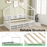 Wooden Single Size House Bed with Roof and 14 Storage Cubes-White