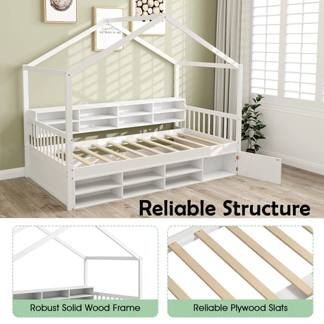 Wooden Single Size House Bed with Roof and 14 Storage Cubes-White
