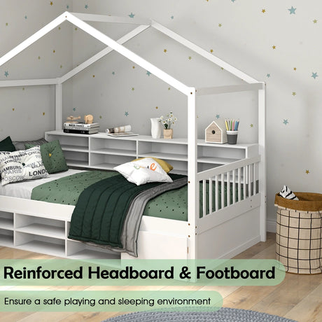 Wooden Single Size House Bed with Roof and 14 Storage Cubes-White
