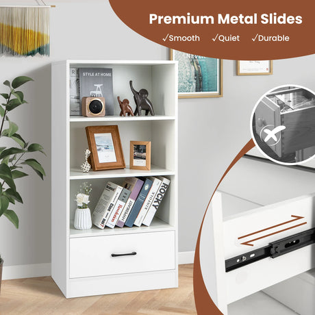 48 Inch Tall 4 Tiers Wood Bookcase with Drawer-White