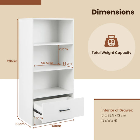 48 Inch Tall 4 Tiers Wood Bookcase with Drawer-White