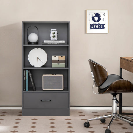 48 Inch Tall 4 Tiers Wood Bookcase with Drawer-Gray