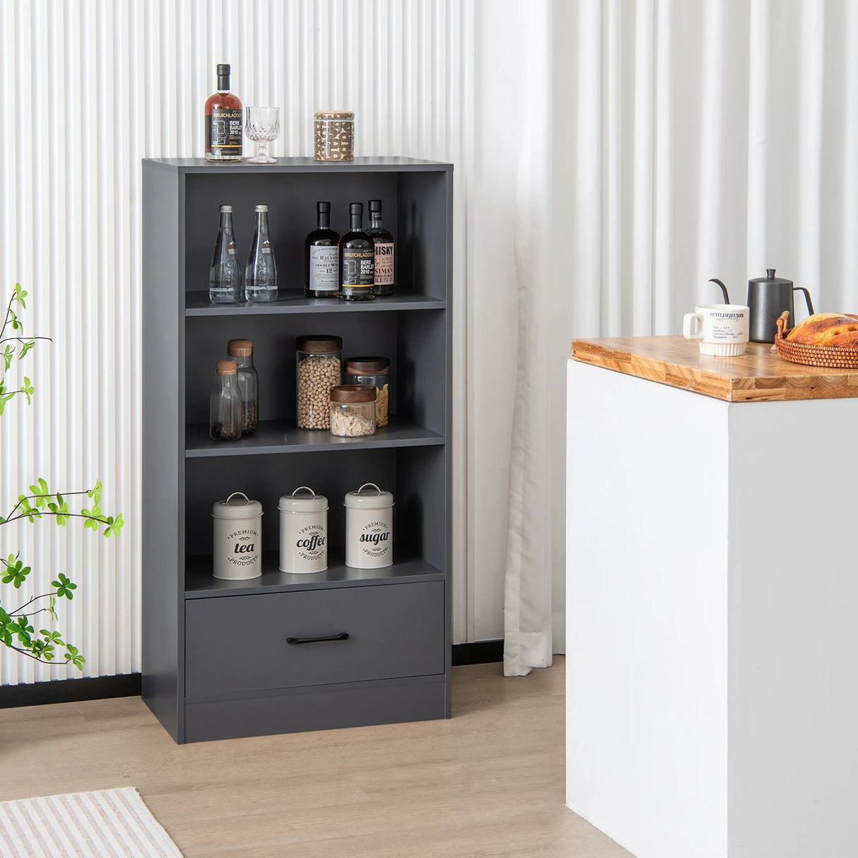 48 Inch Tall 4 Tiers Wood Bookcase with Drawer-Gray