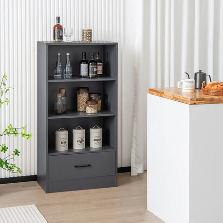 48 Inch Tall 4 Tiers Wood Bookcase with Drawer-Gray