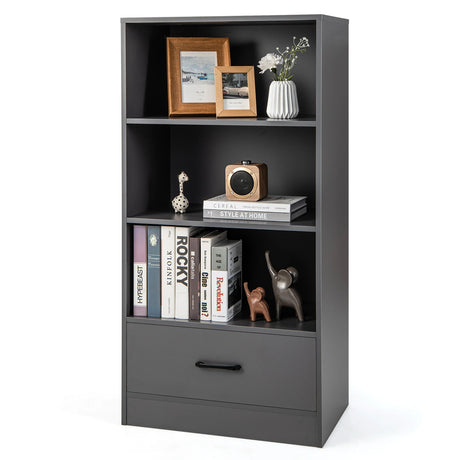 48 Inch Tall 4 Tiers Wood Bookcase with Drawer-Gray
