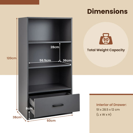 48 Inch Tall 4 Tiers Wood Bookcase with Drawer-Gray
