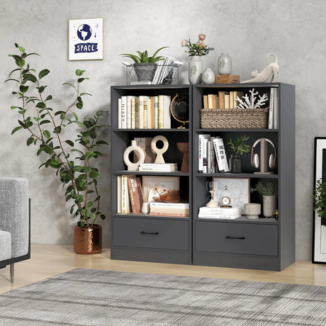 48 Inch Tall 4 Tiers Wood Bookcase with Drawer-Gray