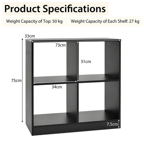 4-Cube Kids Bookcase with Open Shelves-Black