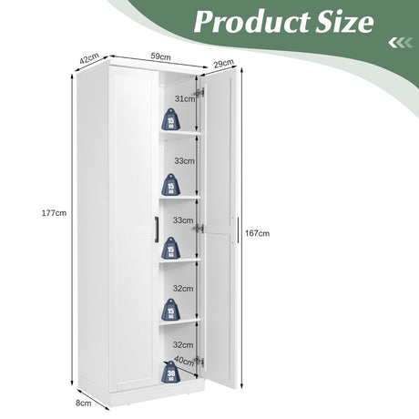 70 Inch Freestanding Storage Cabinet with 2 Doors and 5 Shelves-White