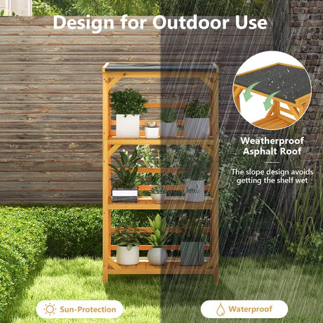 3-Tier Wooden Plant Stand with Weatherproof Asphalt Roof for Patio-Natural
